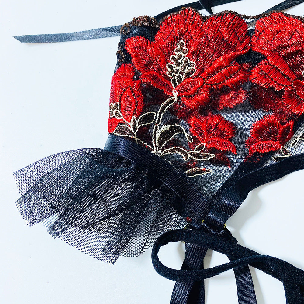 Embroidered High Quality Erotic Lingerie Transparent Lace Bra Set