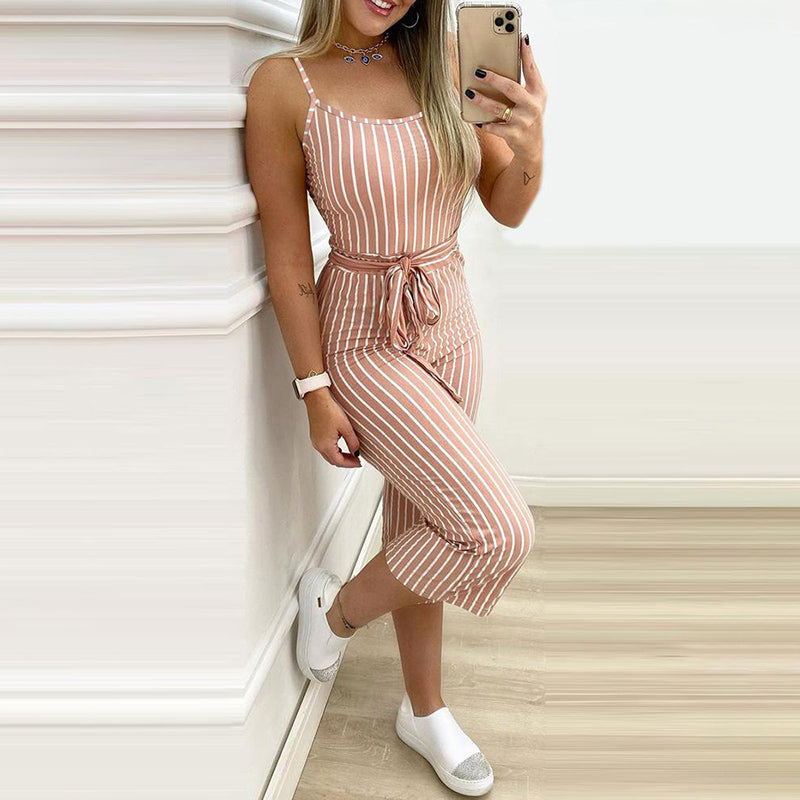 Women'S Stand-Alone Stand New Striped Sling One-Piece Trousers Belt Without Positioning Printing