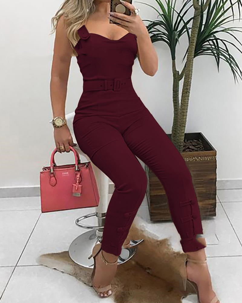 European And American Sling V-neck One-piece With Belt