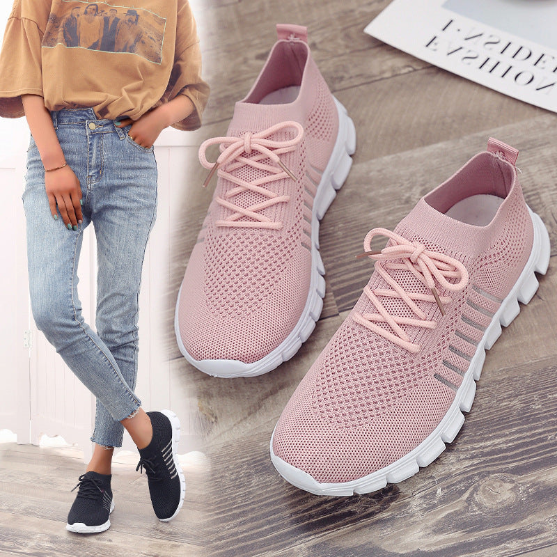 Casual Ladies Shoes Breathable Women Flying Knit Sports Shoes Flat Shoes