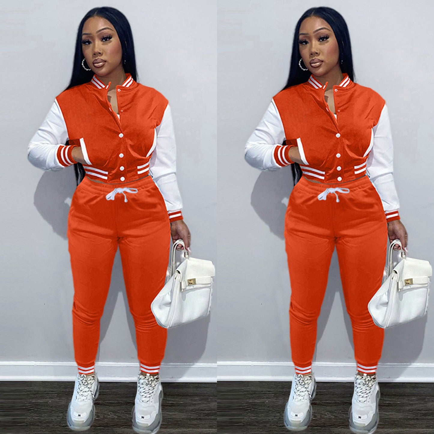 Women's Splicing Jacket Single Breasted Baseball Suit Women's Sports Two-piece Set