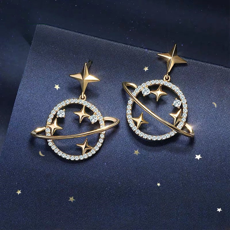 Korean Fashion Universe Planet Star Drop Earrings for Women Aesthetic Zircon Dangle Earrings Trendy Femme Saturn Jewelry