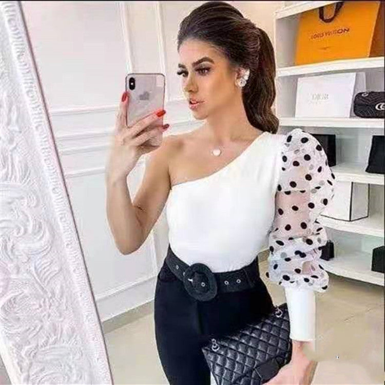 Summer Women Sexy Mesh Tshirt Spring Pullover Top Tees One Shoulder Black Polka Dot Top Tees T-shirts Women