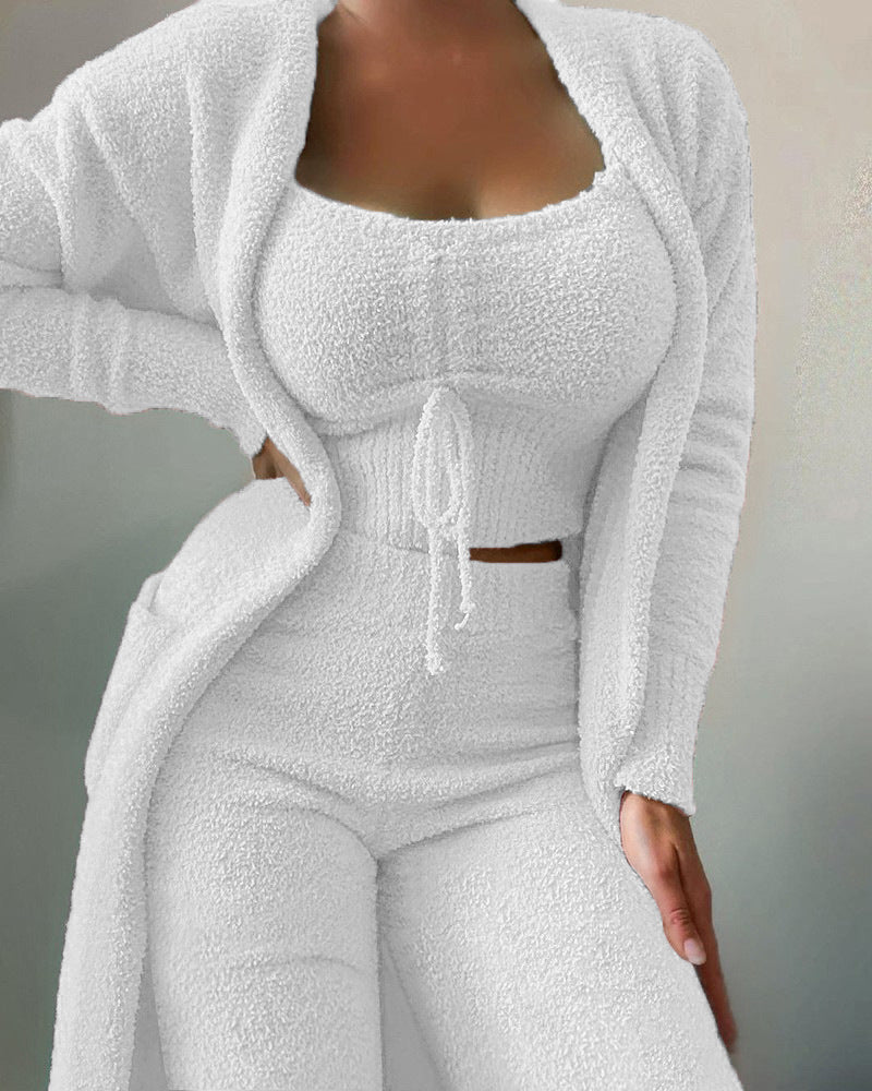 Autumn Winter Fashion Casual Plush Lace-up Cardigan 3 Pantsuits