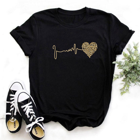 Retro T-Shirt European And American Fashion Love Leopard Print Personalized T-shirt Couple T-shirt Love T-shirt Women's Short Sleeve