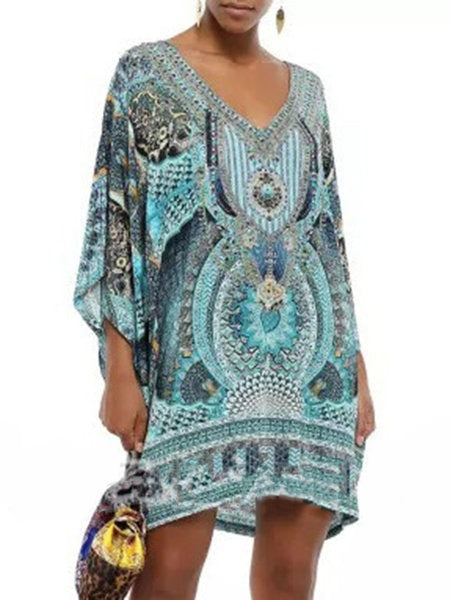 Bohemian V-neck long sleeve printed casual dress