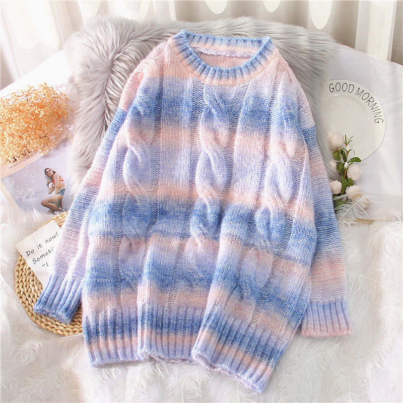 Rainbow striped sweater women loose pullover