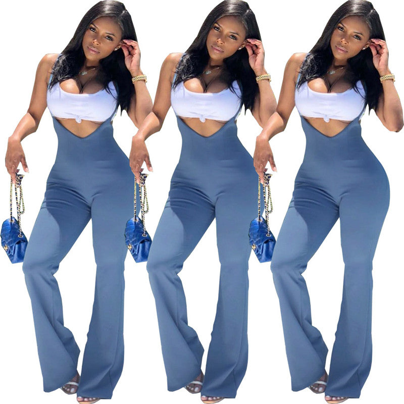 Pure color suspender zipper jumpsuit