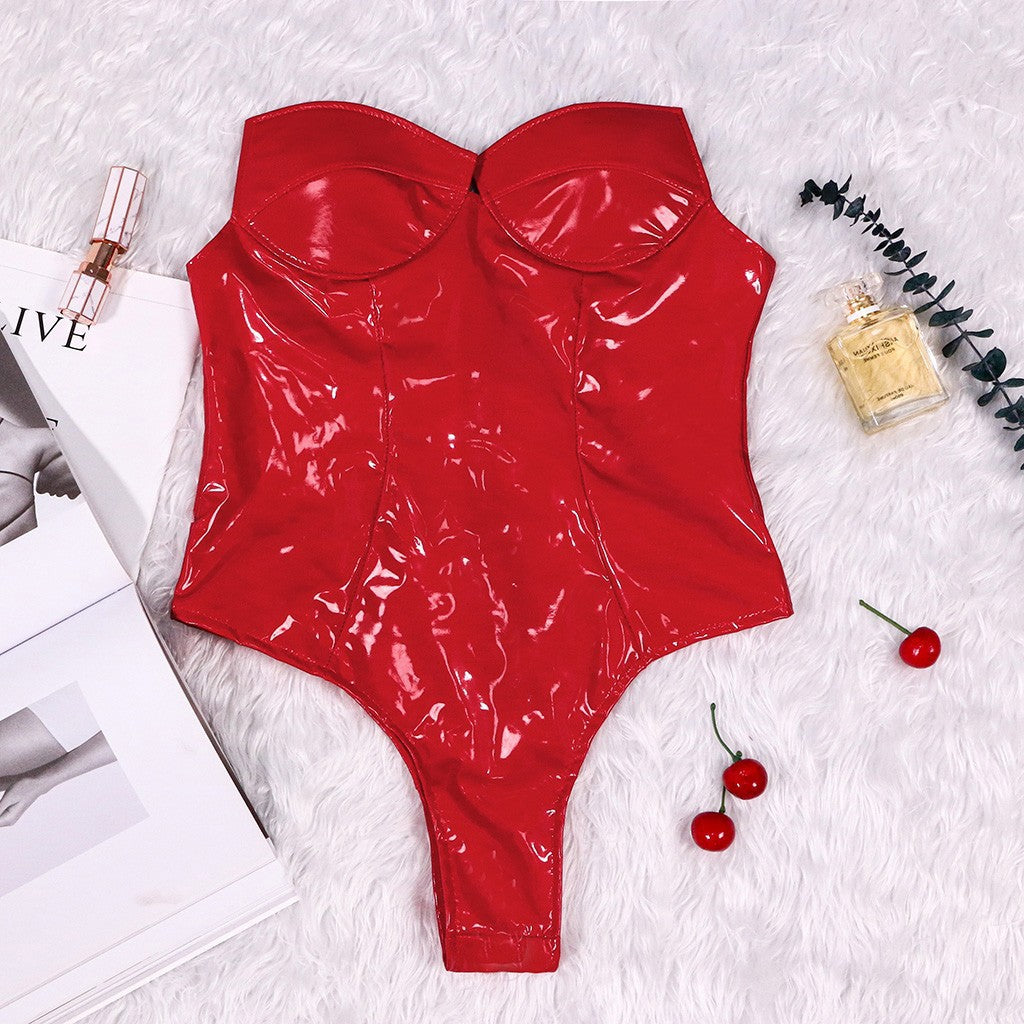 New Slim Swimsuit Patent Leather One Piece