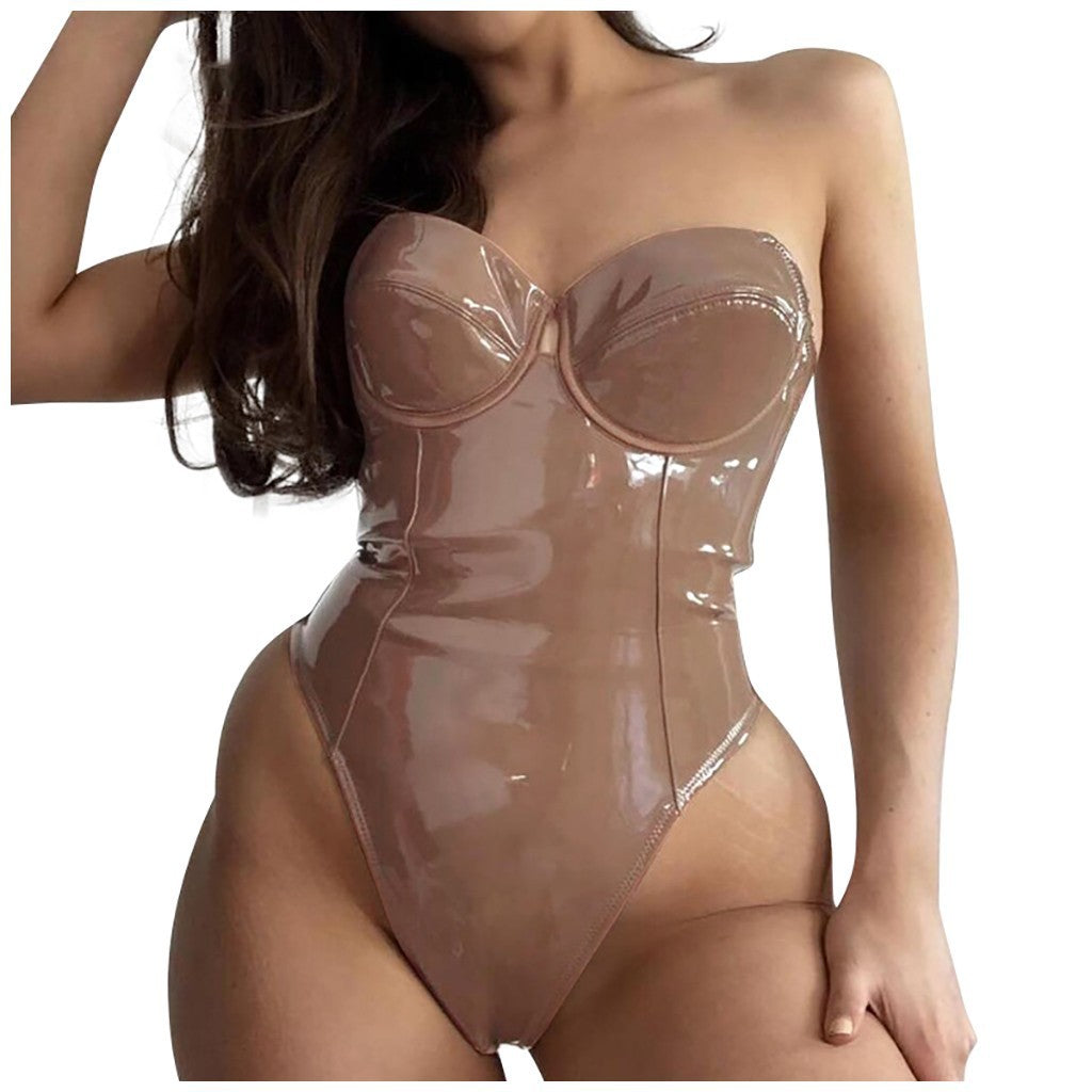 New Slim Swimsuit Patent Leather One Piece