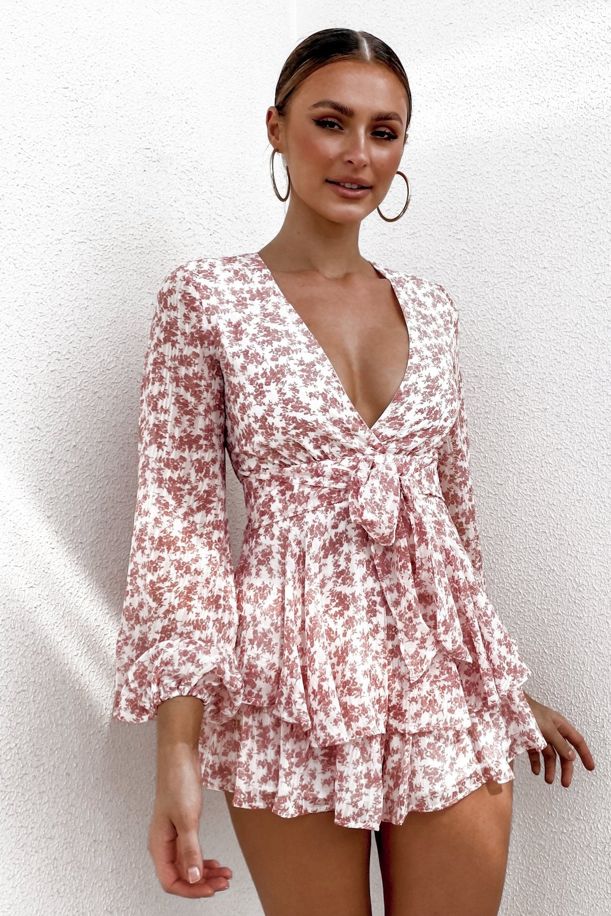 Printed Ruffled Long-Sleeved Sexy V-Neck Jumpsuit