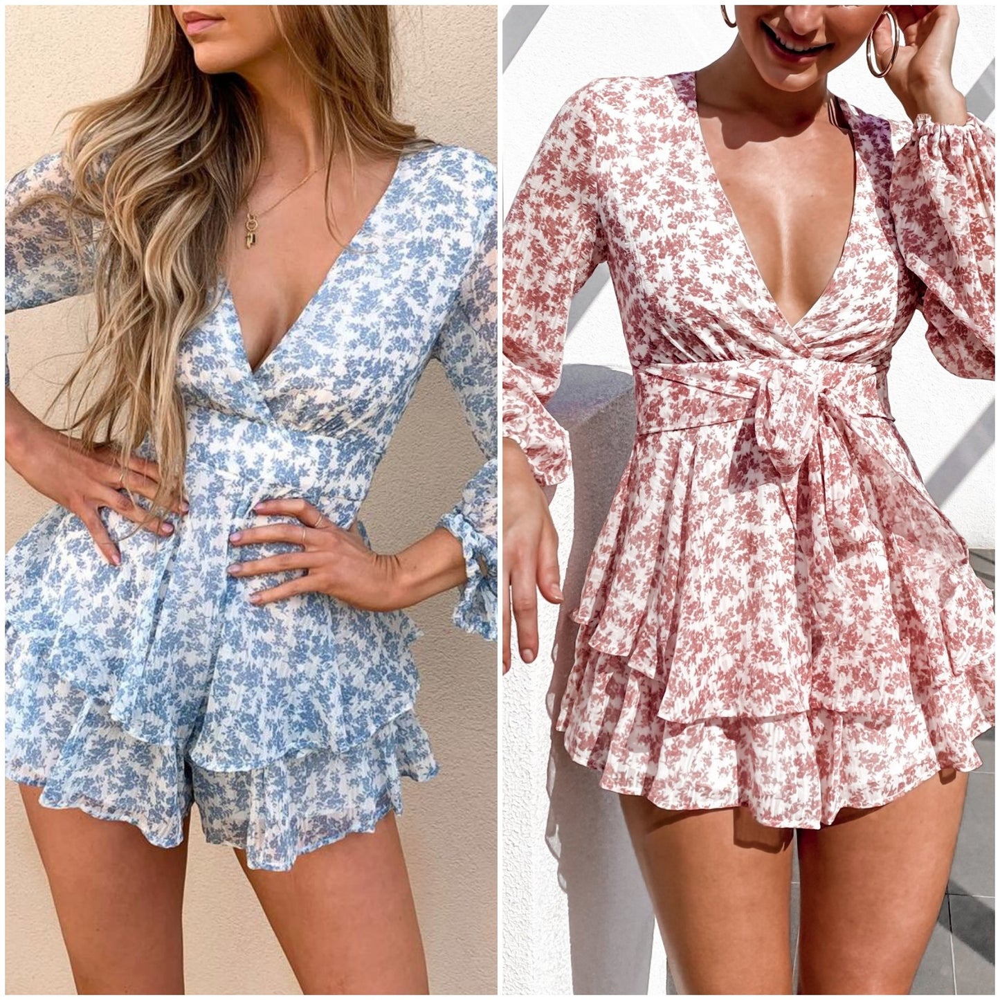 Printed Ruffled Long-Sleeved Sexy V-Neck Jumpsuit