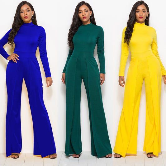 Fashion Round Neck Long Sleeve Wide Leg Jumpsuit