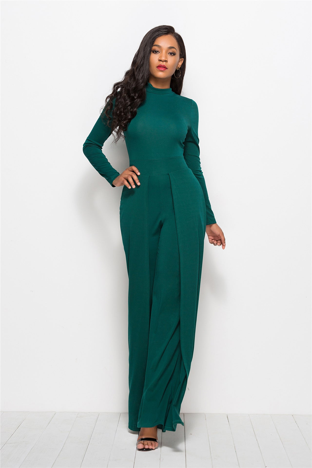 Fashion Round Neck Long Sleeve Wide Leg Jumpsuit