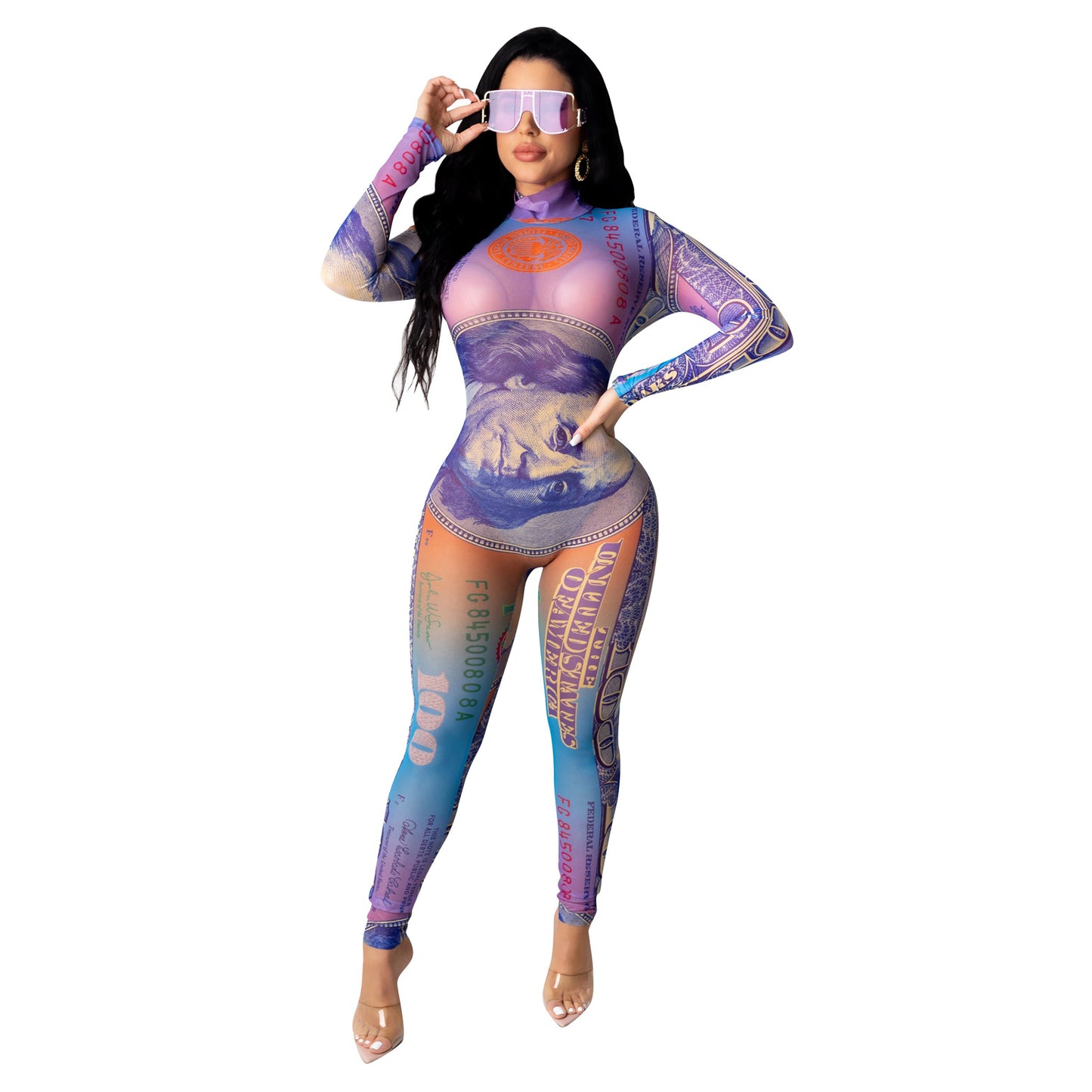 Sexy Dollar Positioning Printed Mesh Long Sleeve Jumpsuit