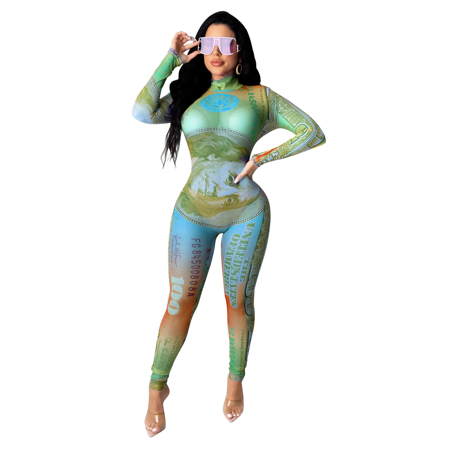 Sexy Dollar Positioning Printed Mesh Long Sleeve Jumpsuit