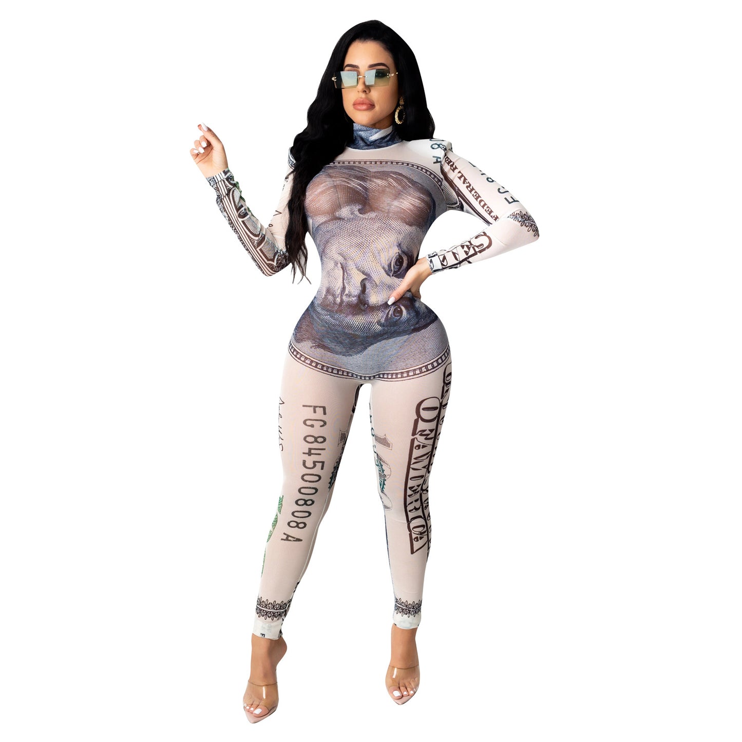 Sexy Dollar Positioning Printed Mesh Long Sleeve Jumpsuit