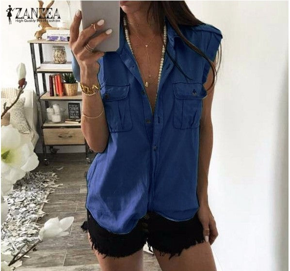 2021 Summer Women Vintage Buttons Pockets Blouses Sexy Sleeveless Jeans Denim Blue Shirts