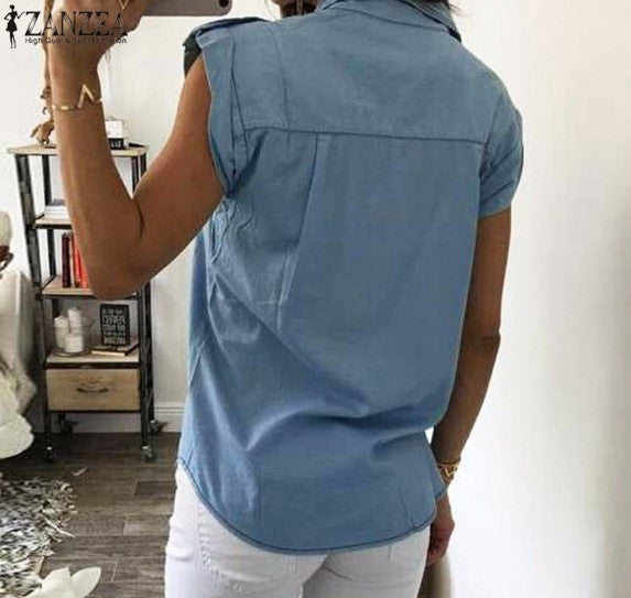 2021 Summer Women Vintage Buttons Pockets Blouses Sexy Sleeveless Jeans Denim Blue Shirts