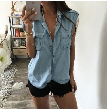 2021 Summer Women Vintage Buttons Pockets Blouses Sexy Sleeveless Jeans Denim Blue Shirts