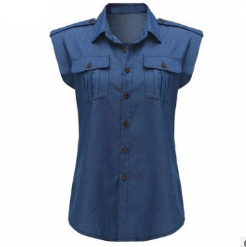 2021 Summer Women Vintage Buttons Pockets Blouses Sexy Sleeveless Jeans Denim Blue Shirts