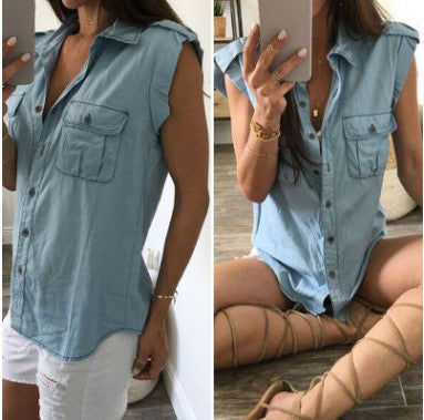 2021 Summer Women Vintage Buttons Pockets Blouses Sexy Sleeveless Jeans Denim Blue Shirts