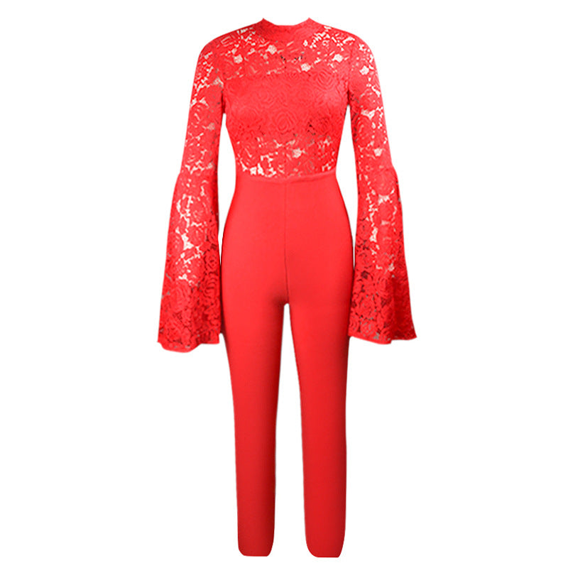 Flared Sleeve Lace See-Through Jumpsuit