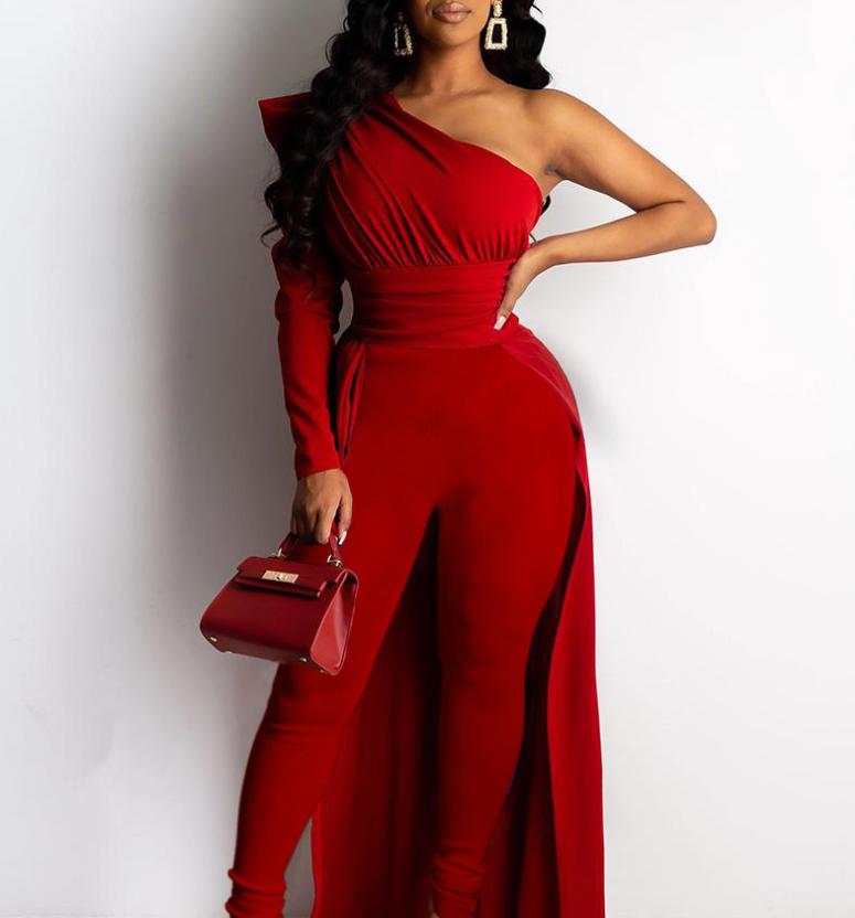 European And American New Style Red One-Shoulder Puff Sleeve Skinny Long Mop Jumpsuit