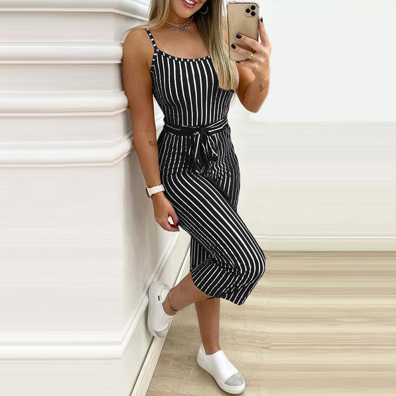 Women'S Stand-Alone Stand New  Striped Sling One-Piece Trousers Belt Without Positioning Printing