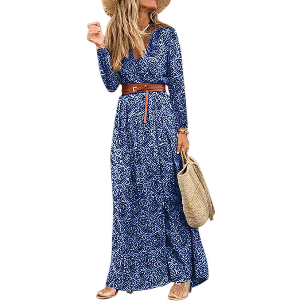 Long Sleeve V-neck Bohemian Floral Dress