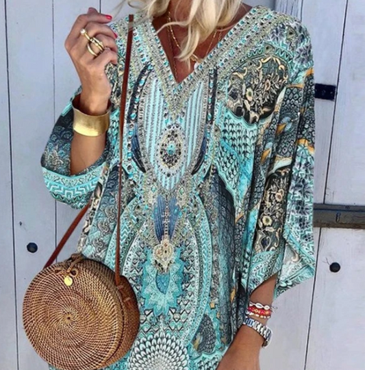 Bohemian V-neck long sleeve printed casual dress