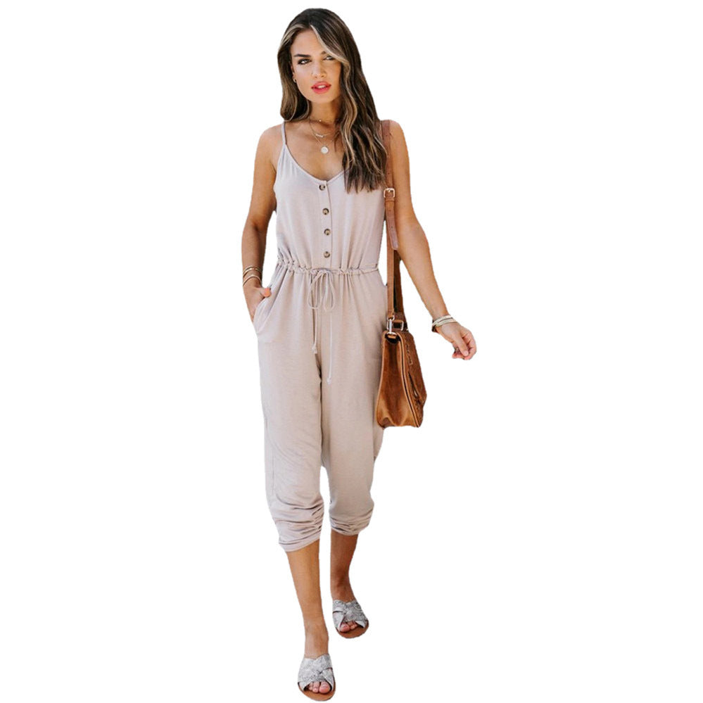 Summer New Fashion Suspenders Casual Waist Knitted Jumpsuit