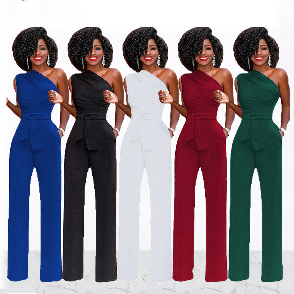 Solid color slant collar button up Jumpsuit