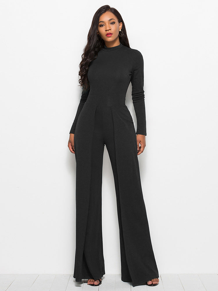 Fashion Round Neck Long Sleeve Wide Leg Jumpsuit