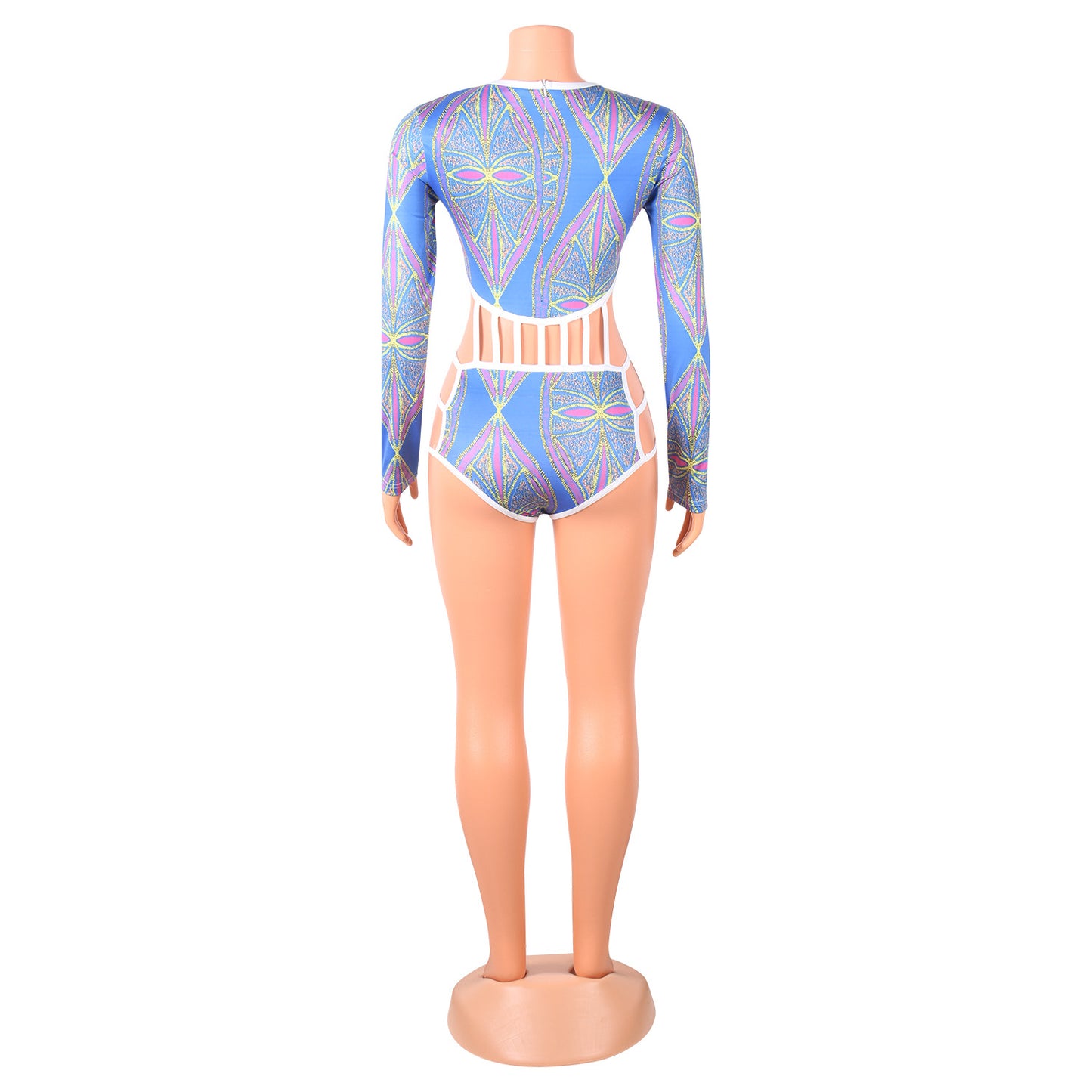 Sexy Hollow Digital Printed Long Sleeve Bodysuit