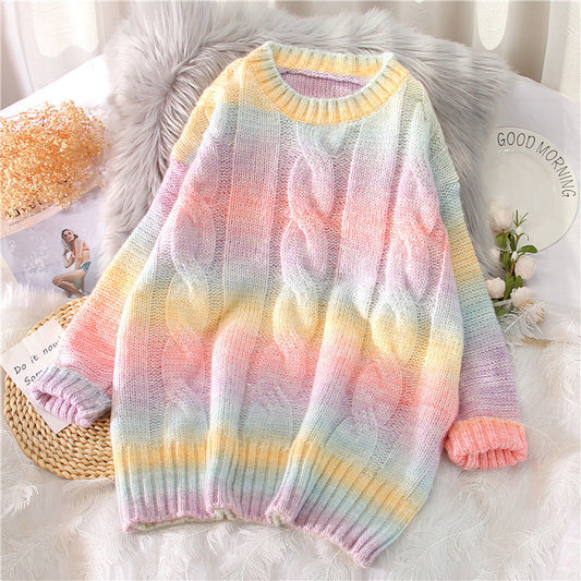 Rainbow striped sweater women loose pullover