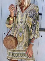 Bohemian V-neck long sleeve printed casual dress