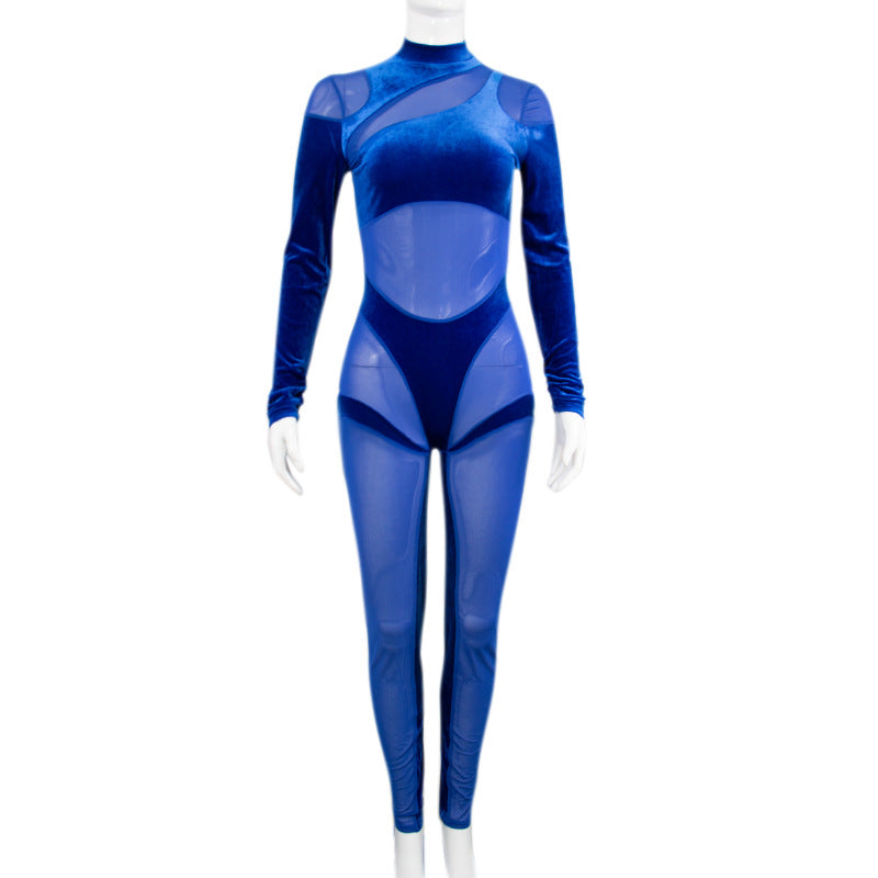 New Women's Mesh Sheer Fleece High Waist Bodysuit Trousers