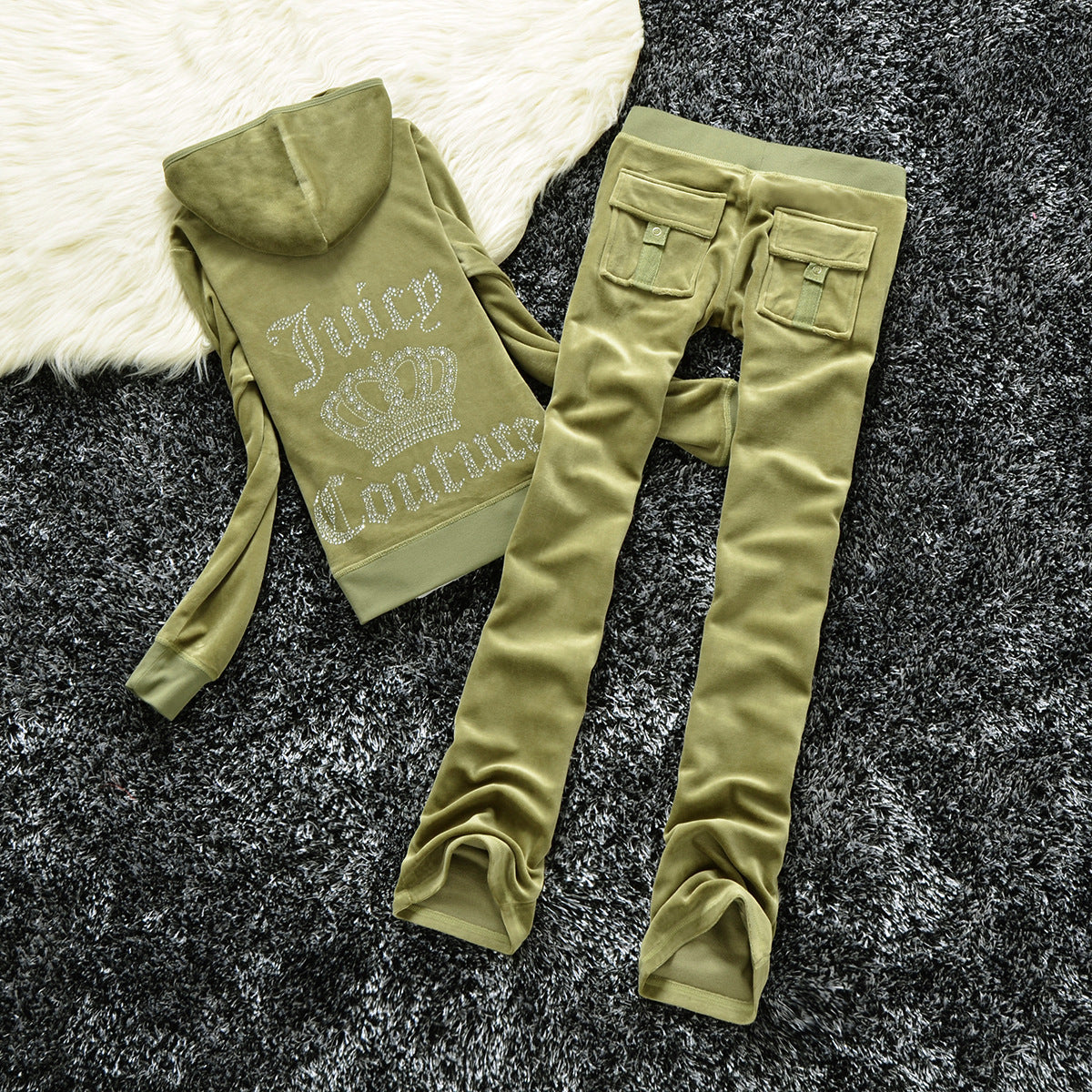 Gold Velvet Crown Hot Drill Letter Casual Sports Suit Women Hot Drill Two-piece Set