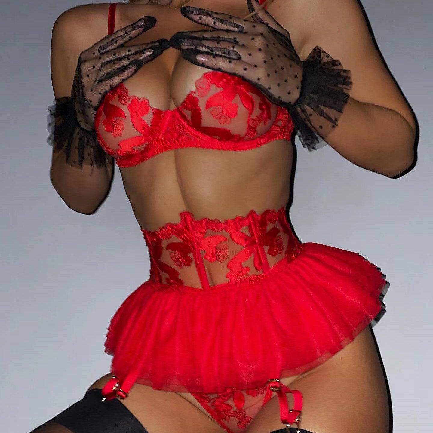 Women's Fashion Embroidered Bra Garter Three Piece Set