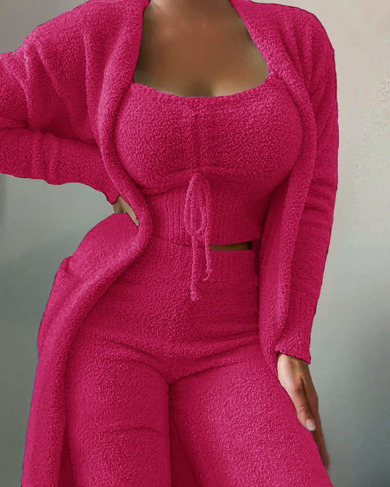 Autumn Winter Fashion Casual Plush Lace-up Cardigan 3 Pantsuits