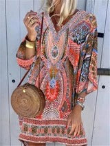 Bohemian V-neck long sleeve printed casual dress