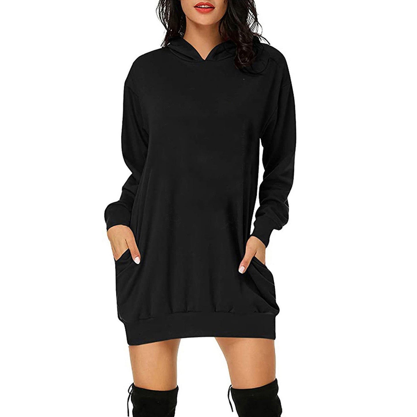 Solid Color Hat Dress Sweater Loose Feature Long Sleeves