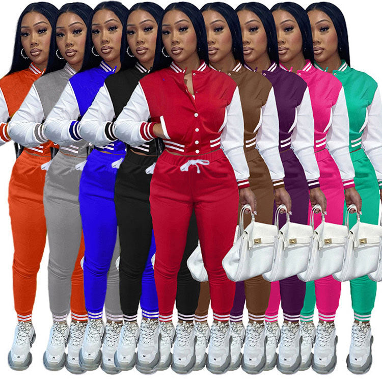 Women's Splicing Jacket Single Breasted Baseball Suit Women's Sports Two-piece Set