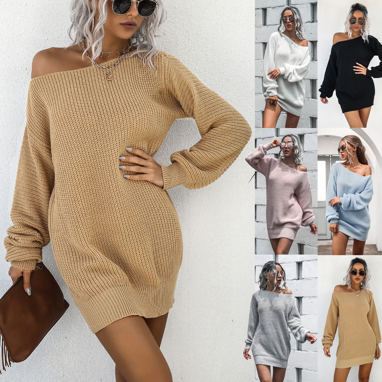 European And American Casual Off Shoulder Lantern Sleeve Knitted Sweater Dress