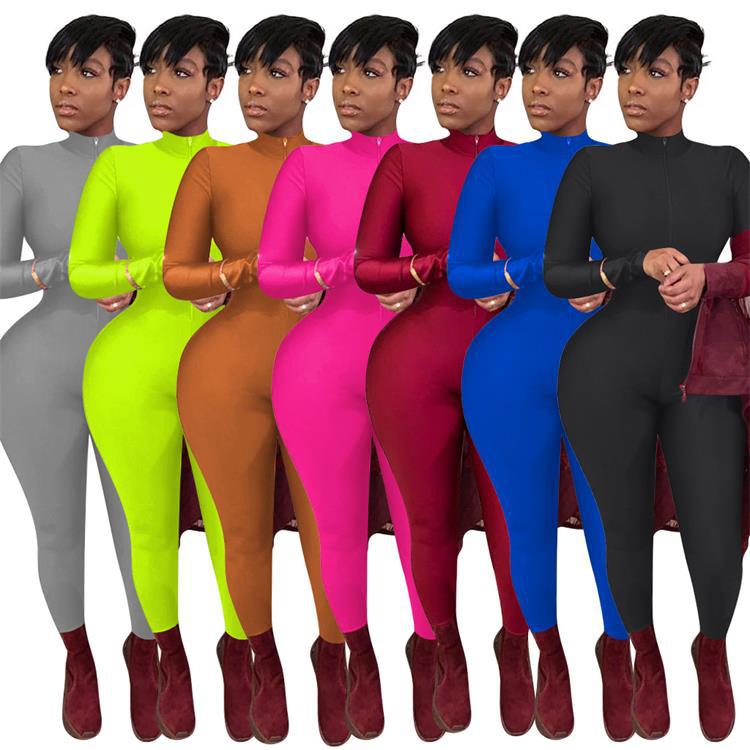 Women's Solid Color Long Zipper Tight-fitting Sexy Long-sleeved Jumpsuit