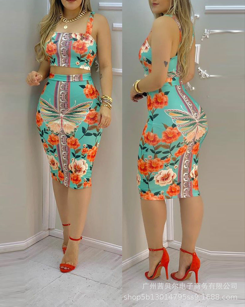 WEPBEL Women Elegant Floral Print Two Piece Set Ladies Halter