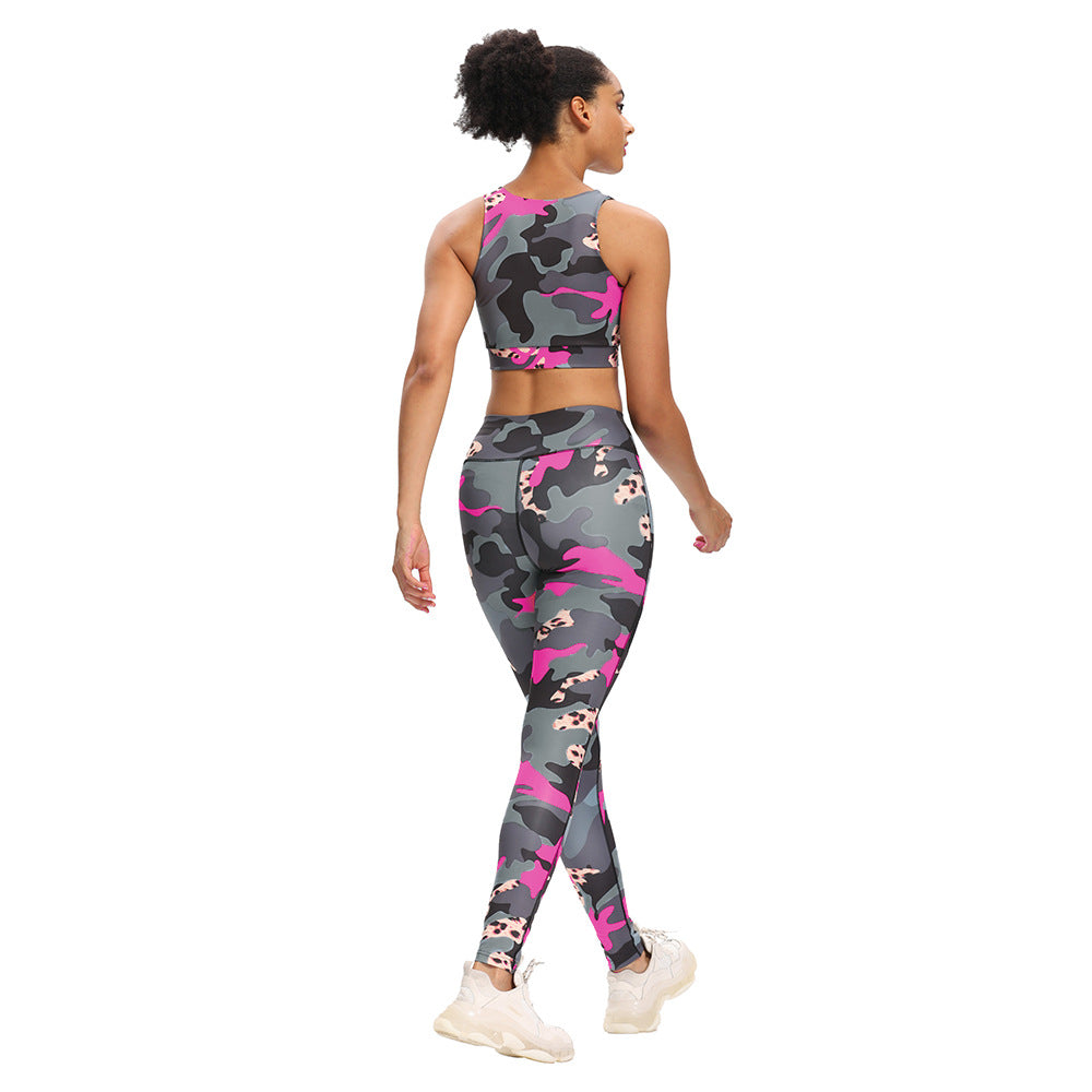 Women's Fashion Camouflage Print Yoga Pants Undershirt Set