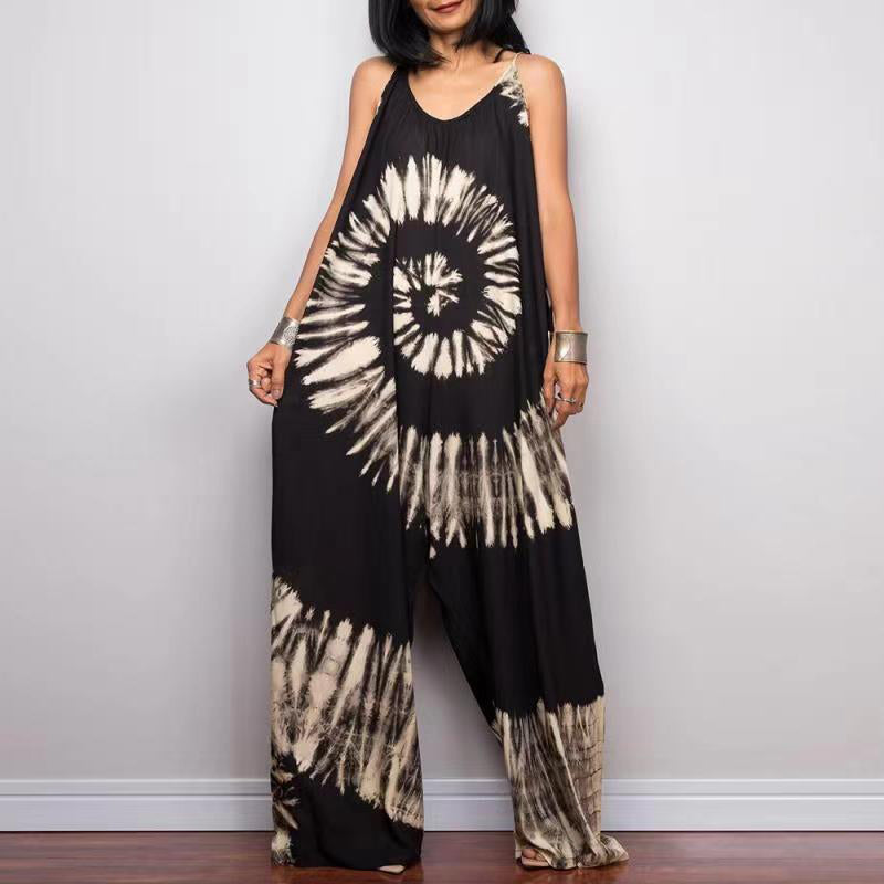 Tie-Dye Print Wide-Leg Tie-Up Loose Jumpsuit