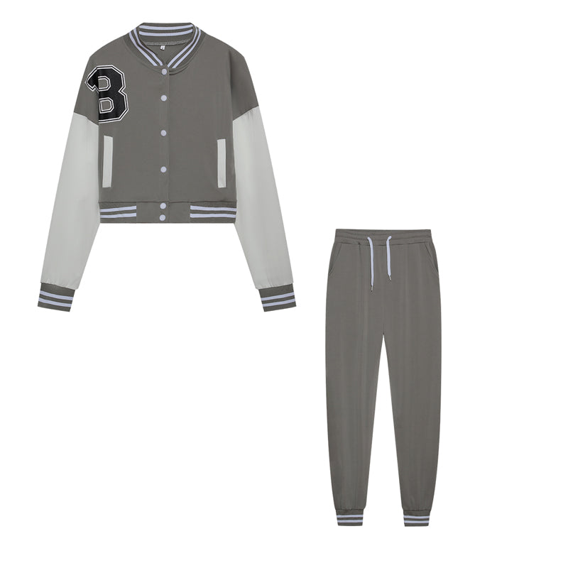 Women's B Letter Color Blocking Jacket Single Breasted Letter Printed Baseball Suit